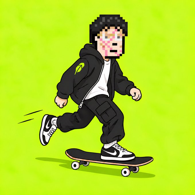 An illustrated cartoon character with a pixelated face rides a skateboard against a bright lime green background, wearing a black hoodie and pants.
