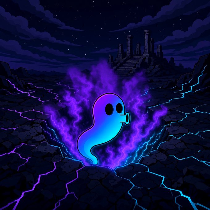 A glowing blue ghost-like figure with large black eyes emerges from cracked purple-lit ground, surrounded by purple flames, with dark ancient ruins on a hill under a starry night sky.