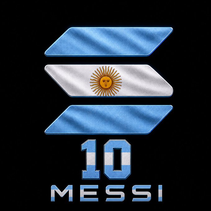 A stylized graphic featuring the Argentine flag's light blue and white stripes with the Sun of May emblem, alongside the number "10" and the name "MESSI," referencing Lionel Messi. This imagery evokes themes of national pride and victory, potentially aligning with the post's claim that "Solana will back."