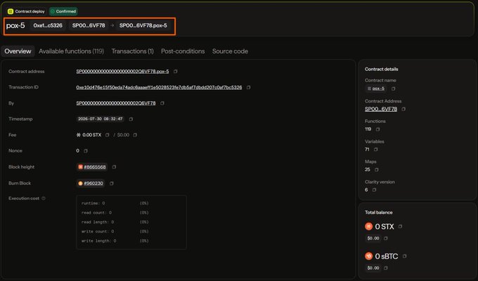 A blockchain transaction interface shows a confirmed contract deployment labeled 'pox-5' for '0xe1_c6326', transferring from 'SP00...6VF78' to 'SP00...6VF78.pox-5', with zero STX and sBTC balance.