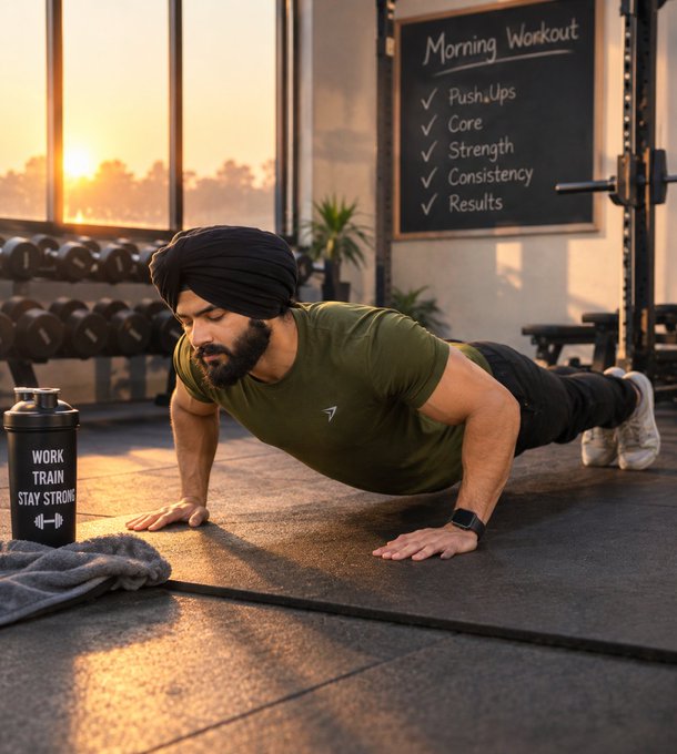 A bearded man wearing a turban and olive green shirt performs a push-up on a gym mat at sunrise, with a chalkboard listing "Morning Workout: PushUps, Core, Strength, Consistency, Results" behind him and a shaker bottle reading "WORK TRAIN STAY STRONG" beside him. The image symbolizes disciplined daily effort, mirroring the post's call to start the morning by supporting QUIP Network's mission of making quantum access open and practical so builders can focus on creating rather than infrastructure barriers.