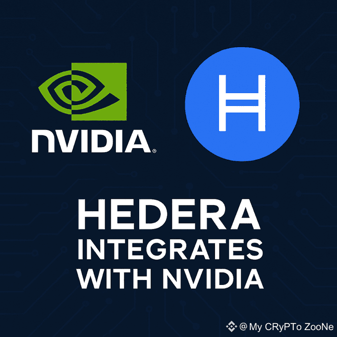 A graphic announces "HEDERA INTEGRATES WITH NVIDIA" displaying the green NVIDIA eye logo alongside the blue circular Hedera "H" logo on a dark circuit-board background, branded with "@My CRyPTo ZooNe".