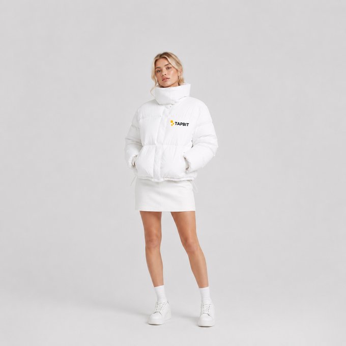 A blonde woman poses in a white puffer jacket with 'TAPBIT' logo and matching white skirt against a gray background.