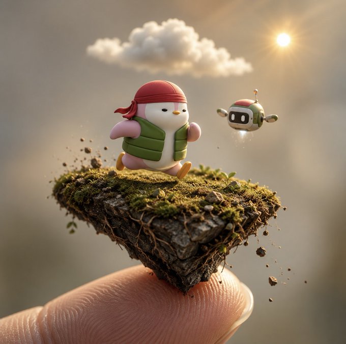 A miniature 3D render showing a small, round character wearing a bandana and green vest running on a floating piece of soil perched on a human fingertip.