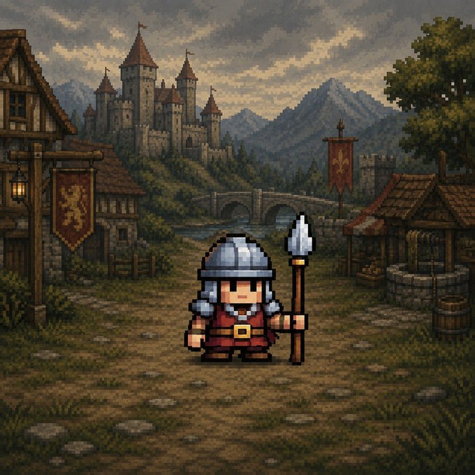 A pixel art illustration features a knight character with a spear standing before a medieval village with castles, a stone bridge, and a heraldic lion banner.