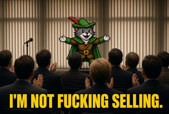 A humorous meme showing a pixel-art cat dressed as Robin Hood standing on stage before an applauding audience, with yellow text reading 'I'M NOT FUCKING SELLING.'
