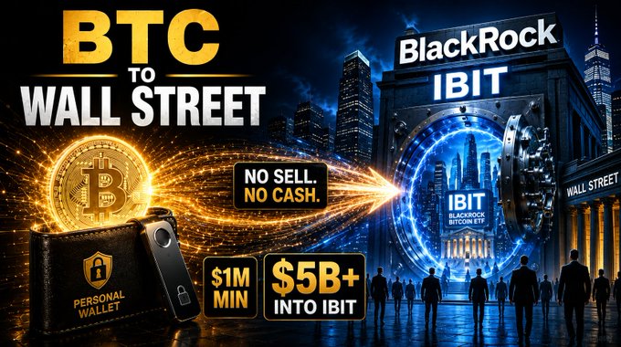 A promotional graphic titled 'BTC TO WALL STREET' featuring a glowing Bitcoin coin flowing toward BlackRock's IBIT (BlackRock Bitcoin ETF) vault, with text highlighting 'NO SELL. NO CASH.', '$1M MIN', and '$5B+ INTO IBIT'.