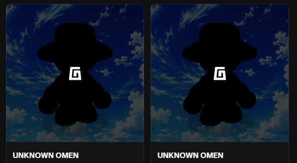 Two identical side-by-side images featuring a black silhouette of a character with a large hat against a blue cloudy sky background, labeled 'UNKNOWN OMEN' with a stylized 'G' logo.