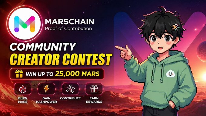 A promotional banner for the Marschain Community Creator Contest offering up to 25,000 MARS, featuring an anime character pointing at the logo.
