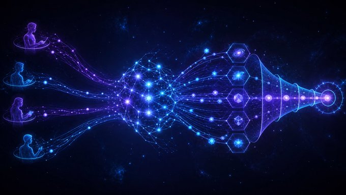 An abstract digital illustration depicting meditating human figures connected by glowing neural pathways to a hexagonal network structure resembling a funnel or AI system, set against a dark starry space background.