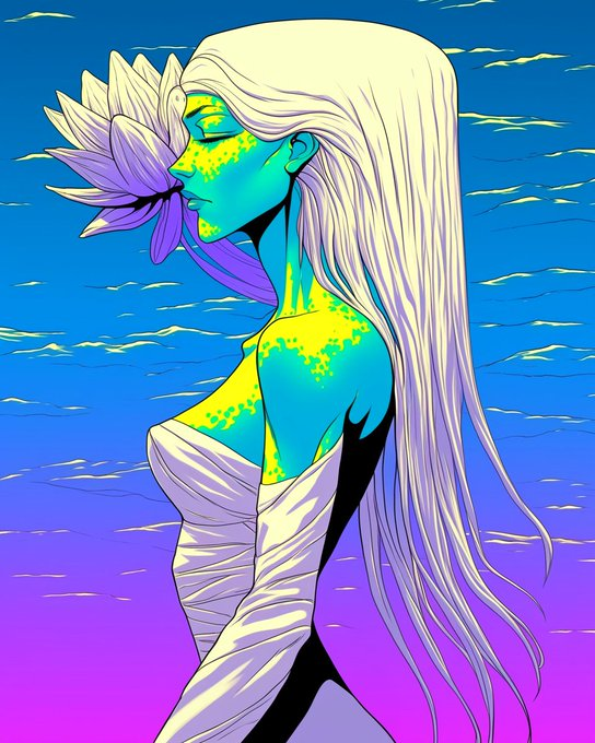 A stylized illustration shows a woman with long white hair and vibrant yellow and turquoise blue skin, holding a purple flower over her face against a blue and purple sky background.