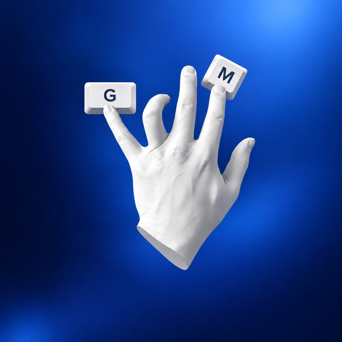 A white 3D-rendered hand holds up a "G" key with its index finger and an "M" key with its thumb against a blue gradient background, visually spelling out the casual greeting "GM" (good morning) referenced in the caption.