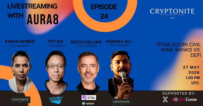 The image features a poster for an event where four people are featured, each with their own unique facial expression. The poster also includes text that reads "Live streaming with Aura8 Episode 24" and "Stablecoin Civil War: Banks vs. DeFi Heavyweight macro perspectives with industry titans: @ysiu (Chairman, @animocabrands @Reeve_Collins @stbl_official @tether". The poster is set against a blue background that has orange circles on it.