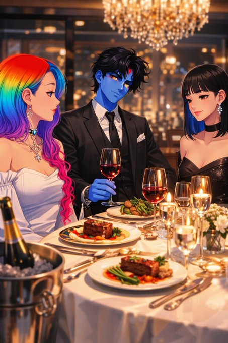 An anime-style illustration of three stylish characters (a rainbow-haired woman, a blue-skinned man in a suit, and a dark-haired woman) dining at an elegant candlelit restaurant with wine and steak.