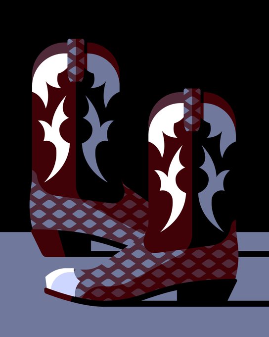 An illustrated graphic of a pair of red cowboy boots with silver decorative details on a black and gray background.