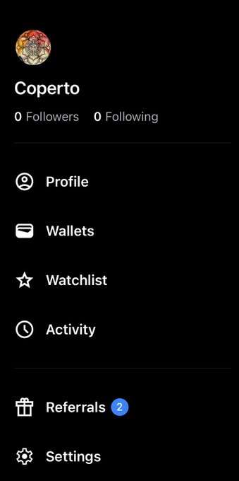 Profile menu for a user named 'Coperto' with 0 Followers and 0 Following, listing options: Profile, Wallets, Watchlist, Activity, Referrals (with a 2 notification badge), and Settings.