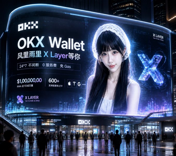A massive nighttime billboard in a bustling urban plaza advertises "OKX Wallet" alongside a young woman with a white headband, prominently featuring the "X Layer" logo and stats like "$1,000,000,00 RWA" and "600+" supported tokens. The advertisement visually reinforces the post's message about X Layer's growing adoption and stablecoin scale milestone, portraying the platform as a widely trusted hub for digital assets.