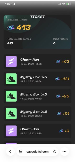 A mobile screenshot of a 'TICKET' page on capsule.fsl.com showing 413 Available Tickets, with recent earnings listed including 'Charm Run' and 'Mystery Box Lv.5' and 'Lv.6' events from July 2026.