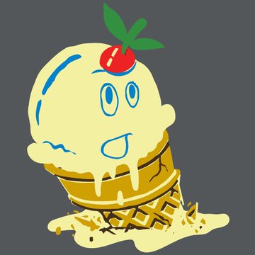 A cartoon illustration shows a scoop of vanilla ice cream with a smiling face, topped with a cherry and served in a waffle cone.
