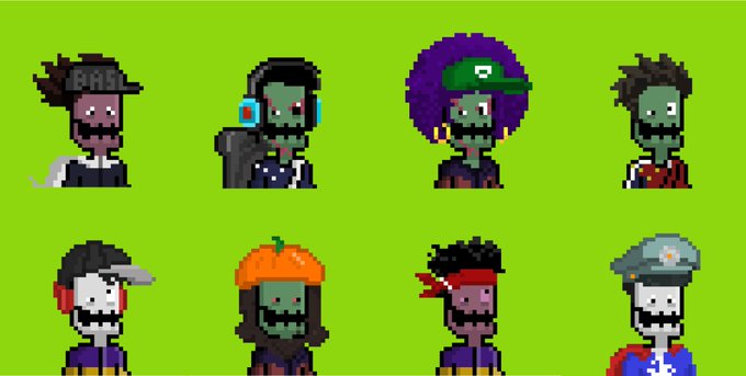 A collection of 8 pixel art skeleton NFT characters from the "Squash" collection displayed against a bright green background, featuring various accessories including headphones, hats, and an afro, matching the post's announcement of 5,555 pixel skeleton NFTs launching on Robinhood Crypto.
