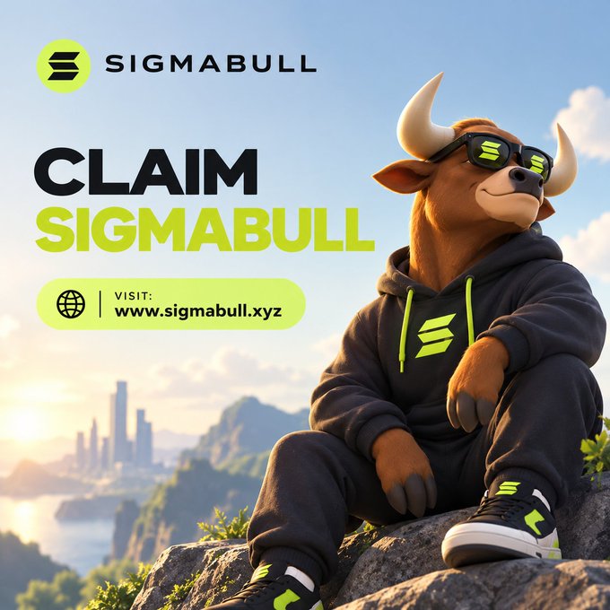 Promotional graphic for 'SIGMABULL' featuring a stylized bull mascot wearing sunglasses and a black hoodie, with text reading 'CLAIM SIGMABULL' and 'VISIT: www.sigmabull.xyz'.