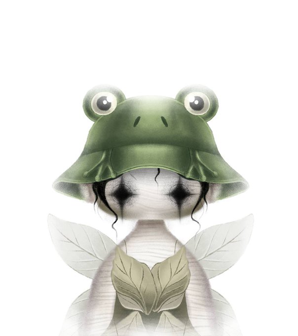 A whimsical illustration shows a small fairy-like figure with translucent wings wearing a green frog hat, featuring large frog eyes on top.