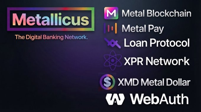 The image displays the Metallicus logo ("The Digital Banking Network") alongside its ecosystem components: Metal Blockchain, Metal Pay, Loan Protocol, XPR Network, XMD Metal Dollar, and WebAuth. This visual reinforces the post's message by showcasing XPR Network as one of the central pillars of Metallicus's broader digital banking and financial infrastructure.