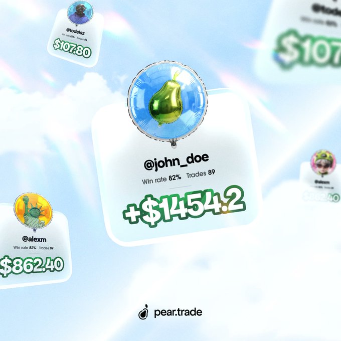 A promotional graphic for pear.trade displays floating cards featuring user handles (@john_doe, @rodelcz, @alexm), win rates, trade counts, and profit figures (e.g., +$1454.2, $107.80, $862.40), each adorned with themed balloons like a pear, Statue of Liberty, and Gremlin. The image visually reinforces the post's message by showcasing how Pear categorizes traders' performance across different topics to reveal their true areas of expertise.