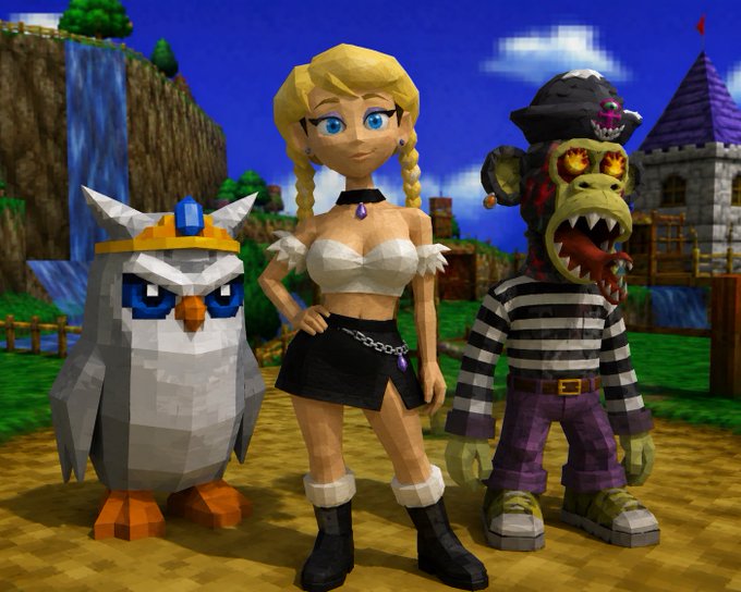 A screenshot from a video game featuring a blonde female character in a white top and black skirt standing between an owl wearing a crown and a zombie pirate with a small creature on its shoulder.