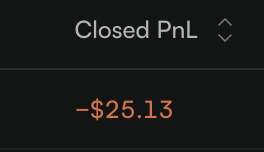 The image shows a trading dashboard displaying "Closed PnL" of -$25.13 in red text, illustrating the user's loss on Arcus farming. The negative PnL visually reinforces their complaint about losing $25 while only saving $6 in fees on the platform.
