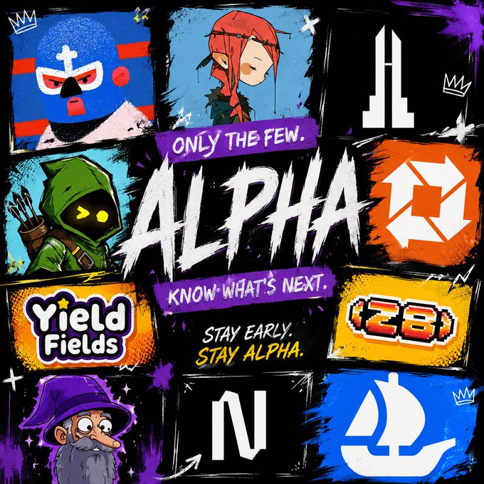 Colorful promotional graphic with graffiti-style artwork reading 'ALPHA - ONLY THE FEW KNOW WHAT'S NEXT' featuring logos for Yield Fields, (23), and other brands.