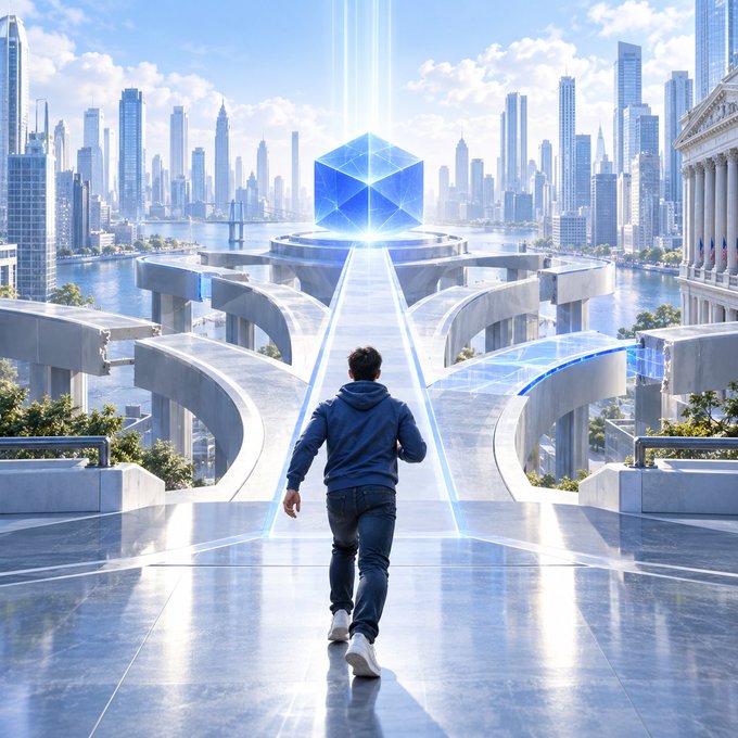 A digital artwork of a person in a blue jacket running toward a large glowing blue cube and futuristic structures overlooking a city skyline.