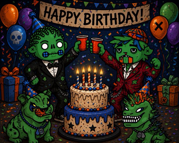 A colorful cartoon-style birthday scene featuring two green zombie characters in suits toasting with red cups around a frosted cake, with a 'HAPPY BIRTHDAY!' banner, balloons, and presents.