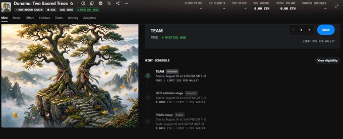 A screenshot of the "Dunamu: Two Sacred Trees" NFT collection minting page on OpenSea, showing an illustration of a mystical tree on a floating island, with mint schedule details including a GTD whitelist stage starting August 05 at 2:45 PM GMT+2 (priced at 0.008 ETH, 1.75 ETH max wallet) and a public stage beginning 30 minutes later at 3:40 PM GMT+2 (priced at 0.0015 ETH, 1 ETH max wallet).