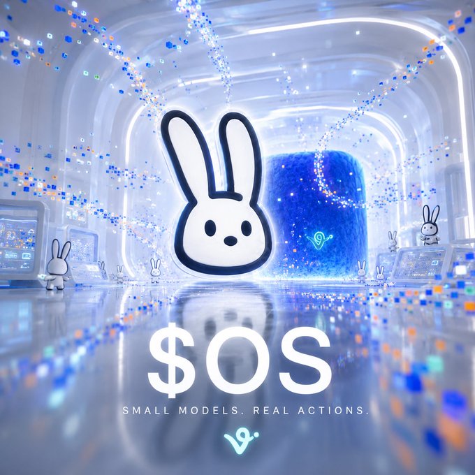 Promotional artwork featuring a cartoon bunny mascot with the text '$OS - SMALL MODELS. REAL ACTIONS.' set in a futuristic blue-lit digital environment.