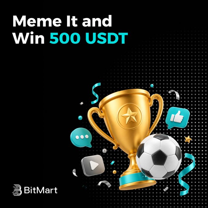 The image features a meme with a gold trophy, a soccer ball, and various other objects related to the World Cup. The caption reads " memes It and Win 500 USDT", which suggests that the meme is promoting Bitcoin minting as a way to win a prize pool of 500 USDT. The post also mentions that the meme was created by BitMart Exchange, tagged with #BitmartMemeCup, and that it has been shared over 100 times on social media platforms.