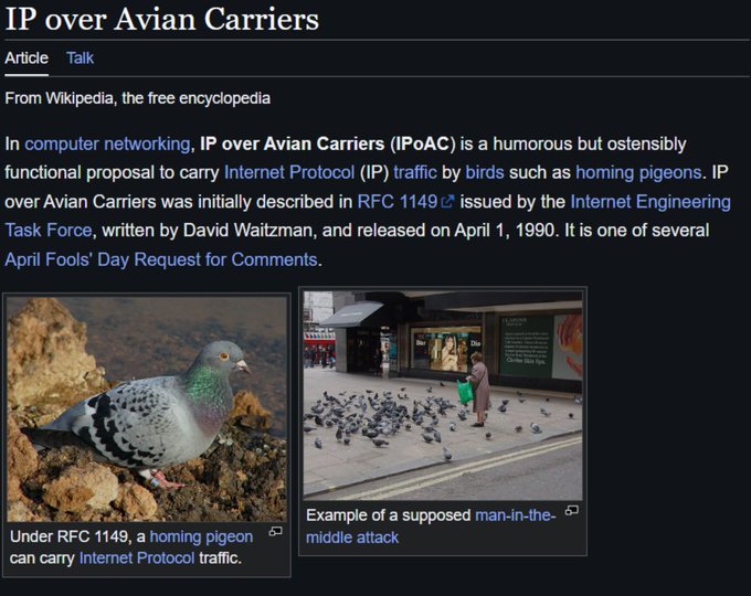 The Wikipedia article for 'IP over Avian Carriers' (IPoAC), a humorous April Fools' RFC 1149 proposal by David Waitzman describing internet protocol traffic carried by homing pigeons, with images of a pigeon and a supposed man-in-the-middle attack.