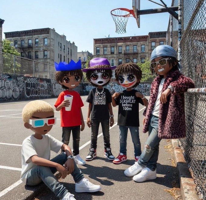 Five cartoon-style avatar characters pose on an urban basketball court, with one character wearing a shirt reading "I bought $CA$H CAT before 100m," referencing the post's call for a cult PFP NFT project.