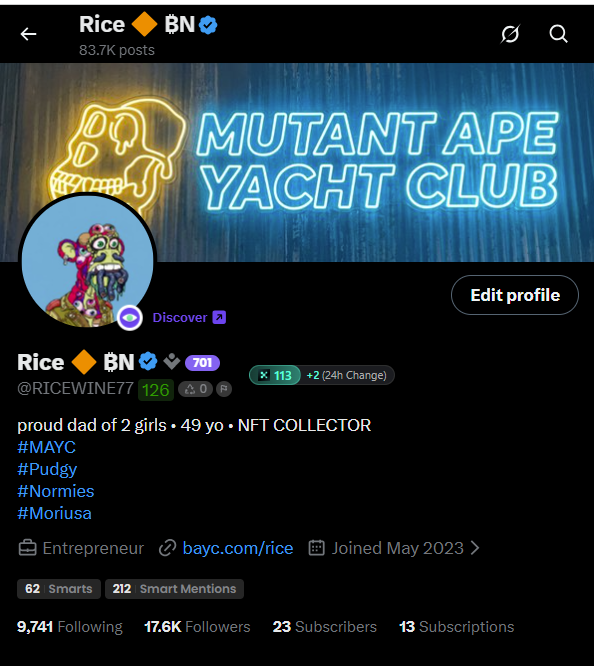 The image shows a Twitter account for a Mutant Apé's yacht club, with a blue neon sign displaying the club name above it. The account has been created by an individual named Rice Wine Vine, who is described as a proud dad of two girls. The account also features a list of followers and mentions that include @wallchain chỉ dưới 50 hiện nay thì đã gần 18,000 follower và 128 x score rồi tôi sự phấn khích khi tôi làm việc toàn thời gian trên 𝕏". The account's profile information includes a bio, an avatar, and a list of followers.