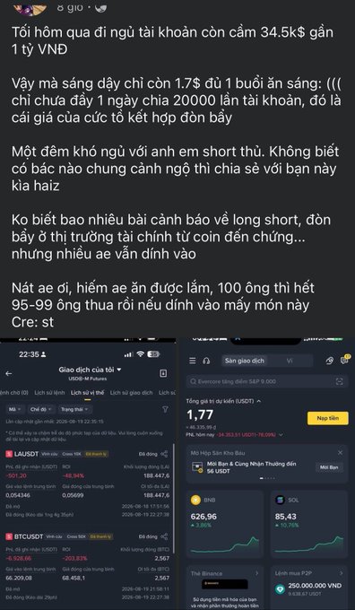 A Vietnamese-language social media post by user 'gio' recounting a trading loss, showing a crypto account balance dropping from $34.5K to $1.77, with screenshots of LA/USDT and BTC/USDT futures showing significant losses (-34.34% and -203.83%).