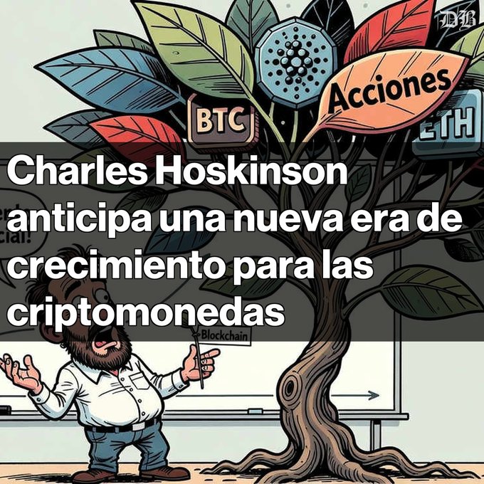A cartoon illustration of Charles Hoskinson shows him presenting next to a tree with cryptocurrency symbols (BTC, ETH, Acciones), accompanied by the Spanish text 'Charles Hoskinson anticipa una nueva era de crecimiento para las criptomonedas'.