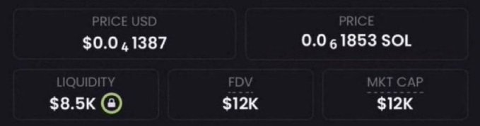 A cryptocurrency market data display showing a micro-cap token with a $0.00001387 USD price (0.00001853 SOL), $8.5K liquidity, and $12K FDV/Market Cap, aligning with the post's claim of finding another low-cap meme coin with $10K market cap potential.