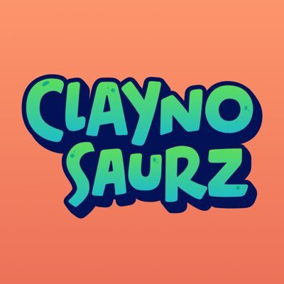 The 'Clayno Saurz' logo in bubbly teal and green letters on a solid orange background.