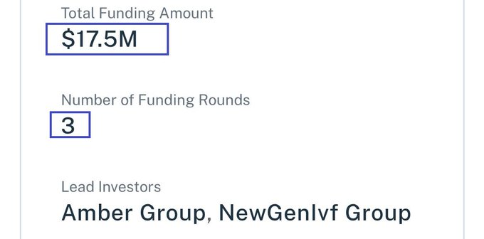 A funding summary card showing a Total Funding Amount of $17.5M across 3 funding rounds, with Lead Investors listed as Amber Group and NewGenIvf Group.