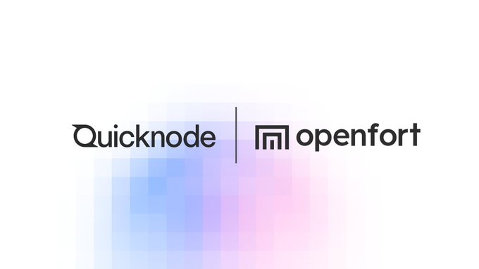 The image displays the logos for Quicknode and openfort side-by-side, separated by a vertical line, against a soft pastel background.