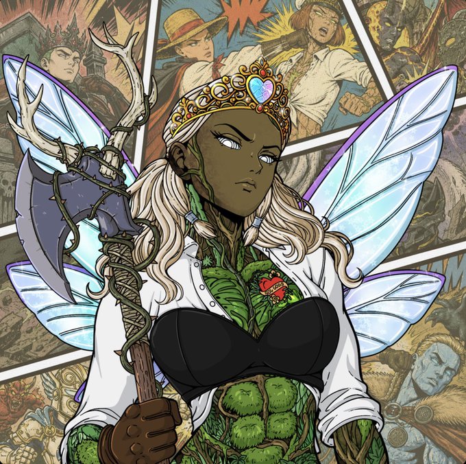 A green-skinned fairy queen with butterfly wings, a jeweled tiara, and an antler-wrapped staff stands before a backdrop of comic book panels featuring various fantasy heroes, evoking a mythic, Web3-native "building in silence" energy that aligns with the post's cryptic confidence about the @Solgodsnfts project.
