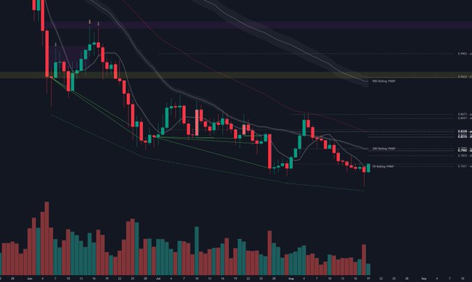 A candlestick chart of $DOT displaying a downward trend with multiple lower lows and three labeled bullish divergences (100, 200, and 78 Bullish 1MAP), accompanied by declining volume bars that align with the post's argument for a potential bottom.