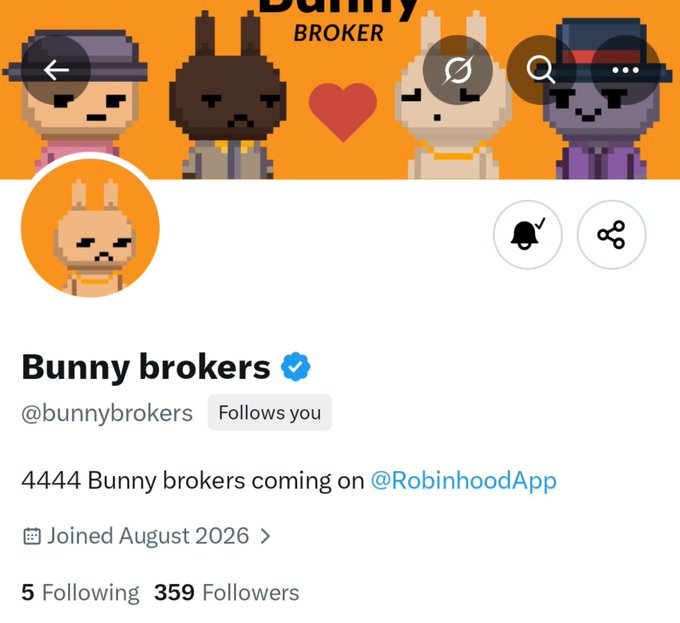 Social media profile page for 'Bunny brokers' (@bunnybrokers) on what appears to be X/Twitter, featuring pixel art bunny characters and announcing '4444 Bunny brokers coming on @RobinhoodApp' with 359 followers.