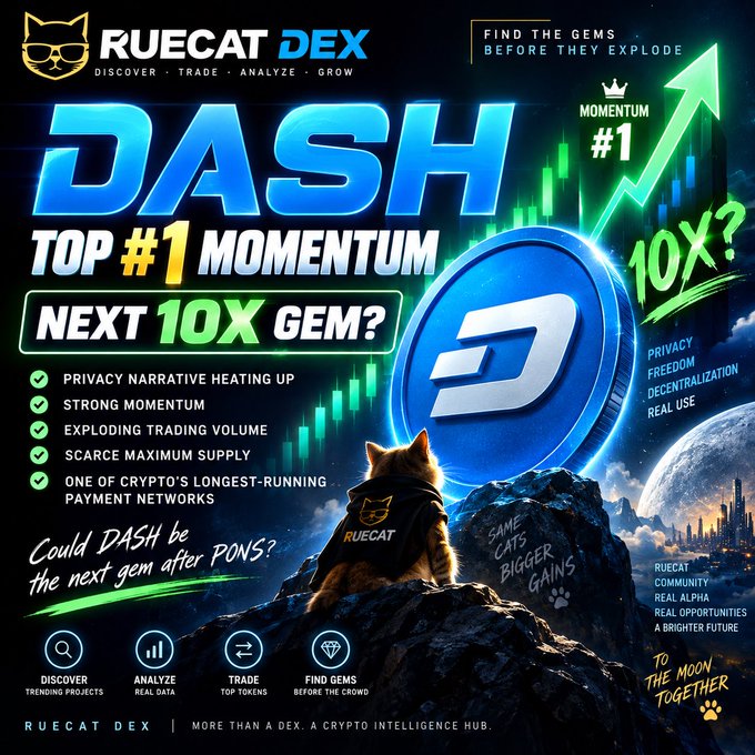 A promotional graphic for RUECAT DEX featuring DASH cryptocurrency as 'Top #1 Momentum' and 'Next 10X Gem,' highlighting privacy, freedom, decentralization, and real use cases.