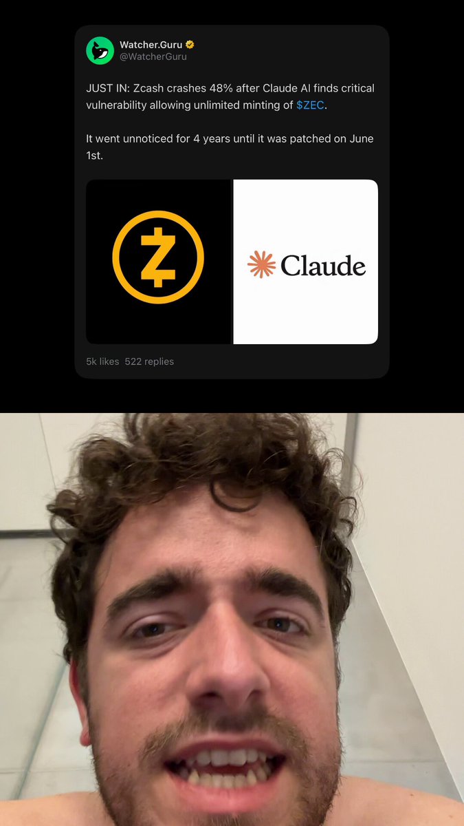 The image shows a man with curly hair wearing a white shirt, smiling at the camera while looking directly into it. There is also a post on social media that reads "Privacy coins like Zcash & Monero are shit." The post seems to be about the privacy of cryptocurrency transactions and how they can be used for anonymity in online activities.